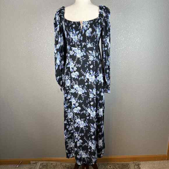 Free People Long Sleeve Jaymes Square Neck Midi Dress Size M Medium Blue Floral - Picture 1 of 9